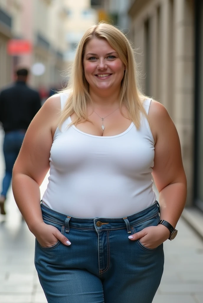 Chubby woman, 40 years old white Caucasian woman walking outside, winter, cold, day time, Mississippi, Gulfport, long straight blonde hair, casually and daily dressed, big hips, thick thighs, casual clothed, natural huge breasts, Full Body Shot, From Above View, High Angle View, close up selfie point of view, no makeup, messy hair, morning face, chubby MILF, transparent t-shirt, no bra underneath, purse, casual lipstick, jacket 