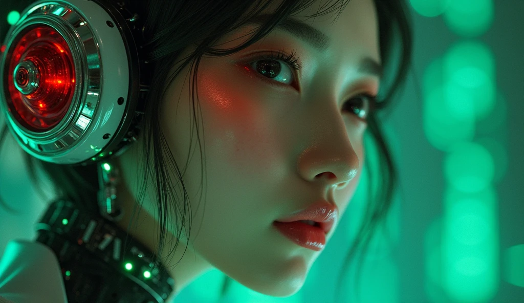 A photograph of a twenty-something Japanese android made of shiny silver and white translucent plastic and glass, Geisha makeup and hairstyle, internal mechanisms of the body in gold metal, dynamic pose, fluid organic construction, bright emerald circuit, colorful neon trim, bright circuit, neon trim, Depth of field focus, (small breasts)