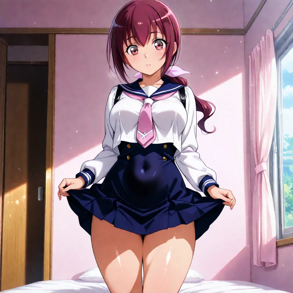 (the Extremely Detailed CG Unity 8K Wallpapers), (masutepiece), (Best Quality), (Ultra-detailed), (Best Illustration), (Best Shadow), (absurderes), 1girl in, Solo, Saki, 1girl in, Solo, thighs thighs thighs thighs, School uniform, Skirt, Long hair, black thighhighs, Red hair, Pink hair, Naughty big、large full breasts、Smile with open mouth,(Skirt lift:1.3), (white panties:1.3)、(Skirt that rolls up:1.3)、(Fully exposed panties:1.5)、