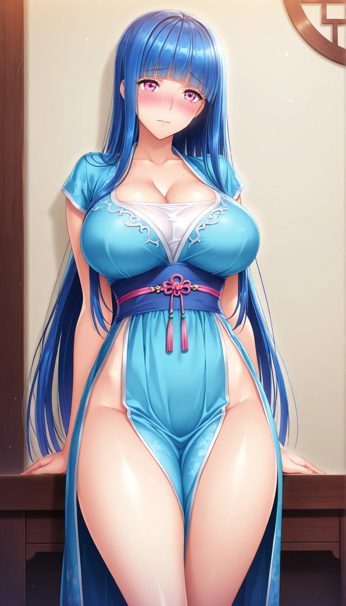 masterpiece, best quality, good quality, 1girl, Brynhildr Valhanna, blue hair, long hair, straight hair, pink eyes, large medium breasts, slim, game cg style, blush, horny, slutty, moan ,chinese hanfu, mid thigh