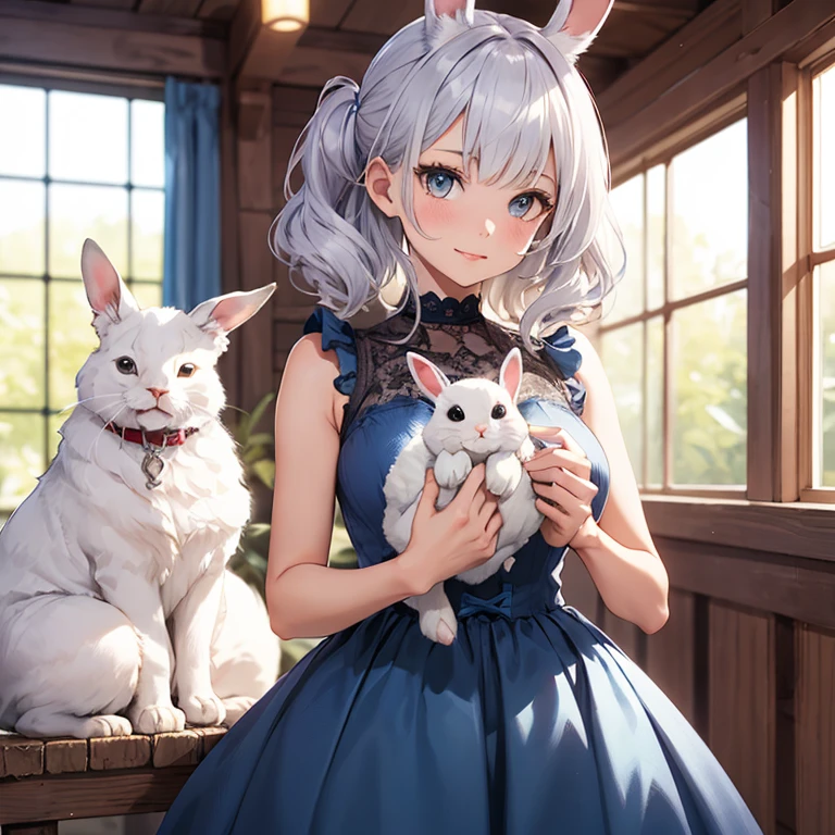 (best quality),(highly detailed),(masterpiece),(ultra-detailed),(absurdres),(((artbook))),((8k_wallpaper)),big ass,Bare thigh,huge_breasts,barefoot, 1girl, solo, animal ears, cat, barefoot,cat ears, short sleeves, grass, short hair, smile, white hair, puffy sleeves, white dress, maid, sunlight, brown eyes, dappled sunlight,petite, outdoors, puffy short sleeves, bangs, full body, tearfully, crying, cats, white-patterned underwear