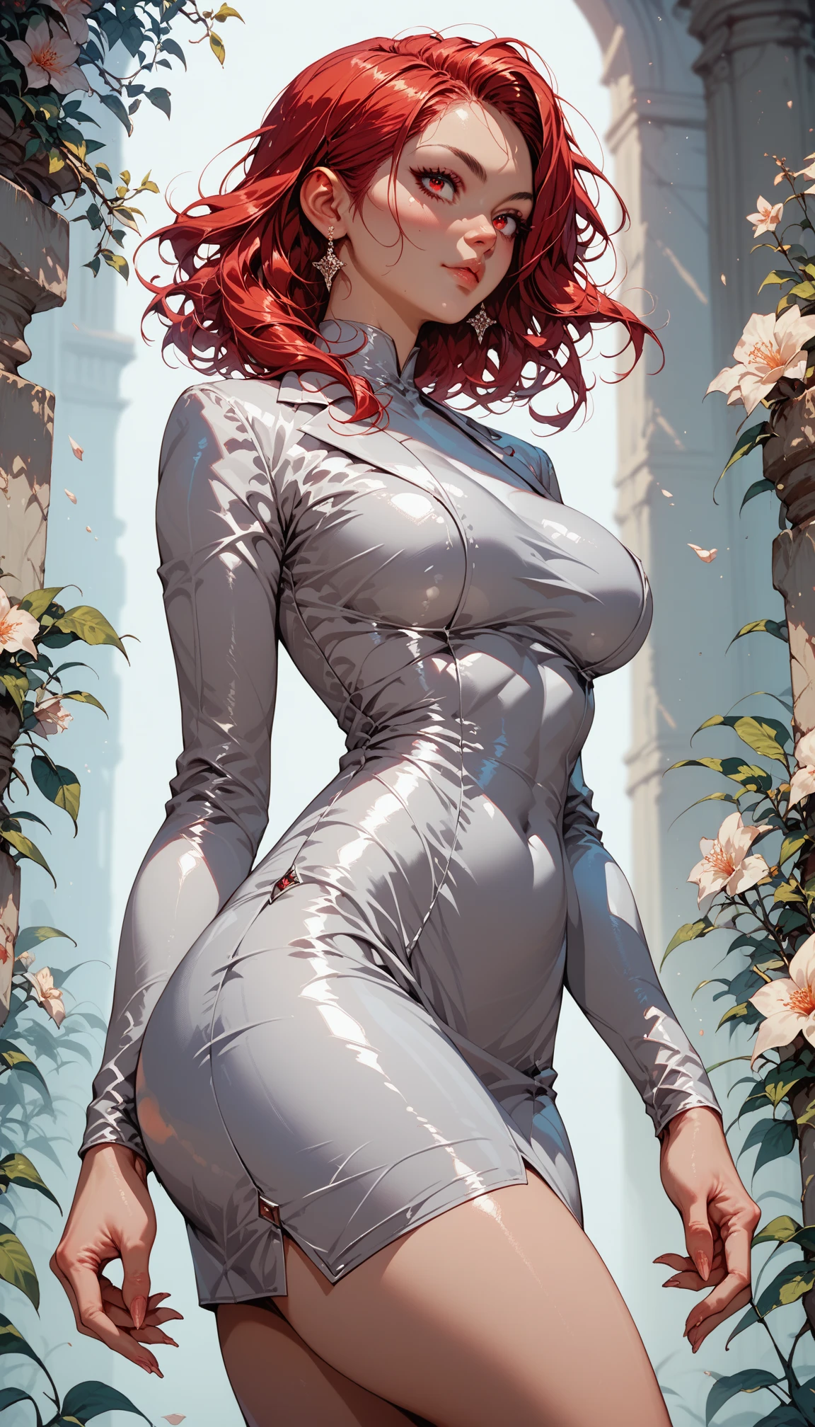 a red head woman in a sequin dress with a long sleeve and a thigh slit, glitter dress, diamond shimmering dress, revealing stylish dress, sexy dress, wearing a sparkling dress, sequins, low cut dress, fancy silver dress, astral dress, wearing silver dress, stunning dress, holographic, luxury dress, iridescent shiny sheer lingerie, skintight dress
