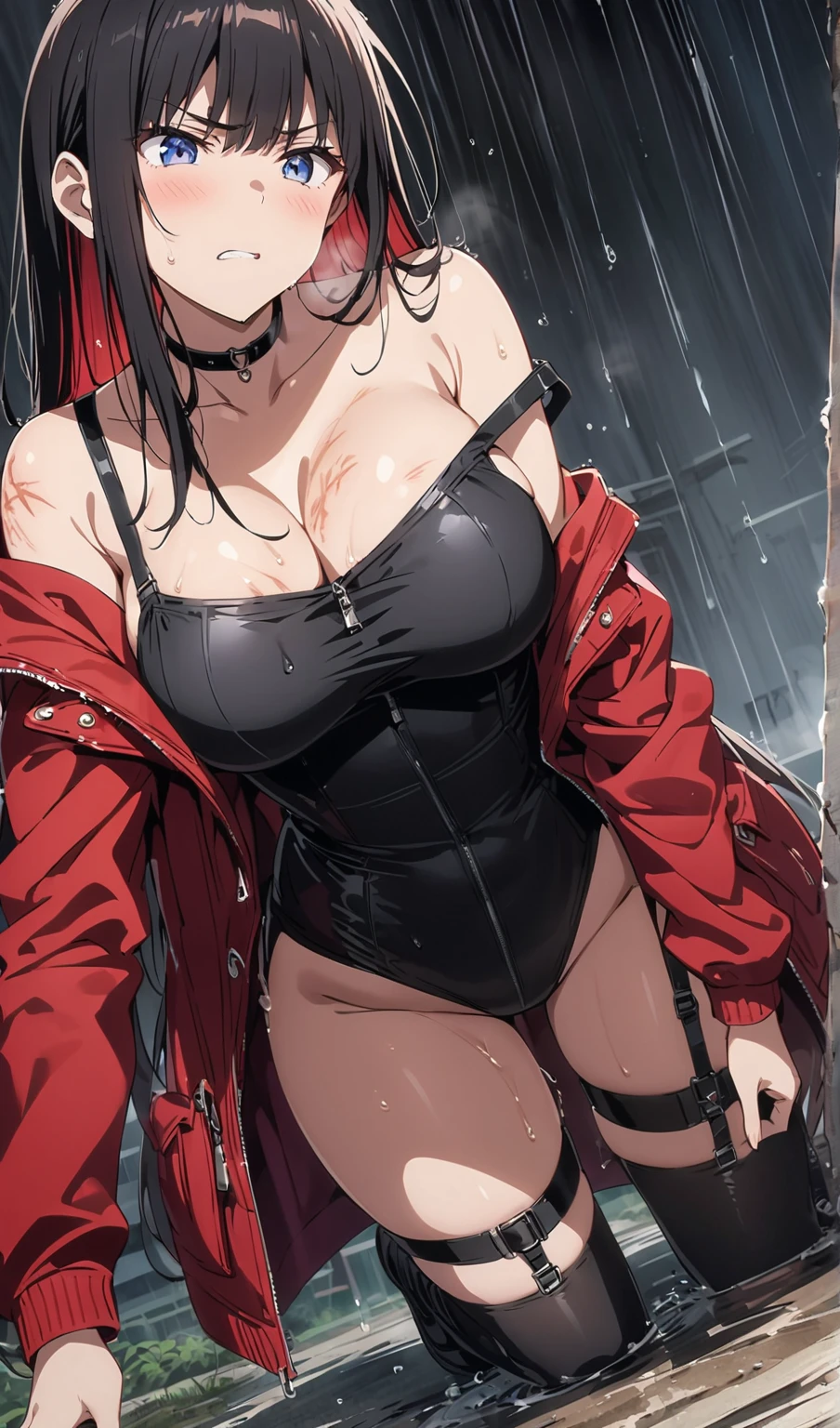 Kuchisake-onna Super Extra large breasts breast enlargement, red coat, long hair, red eyes, black garter stockings, black bikini, full-body shot, looking at the camera, standing alone in the rain, holding a large scissors in her right hand, lips split, stitches, smiling and blushing