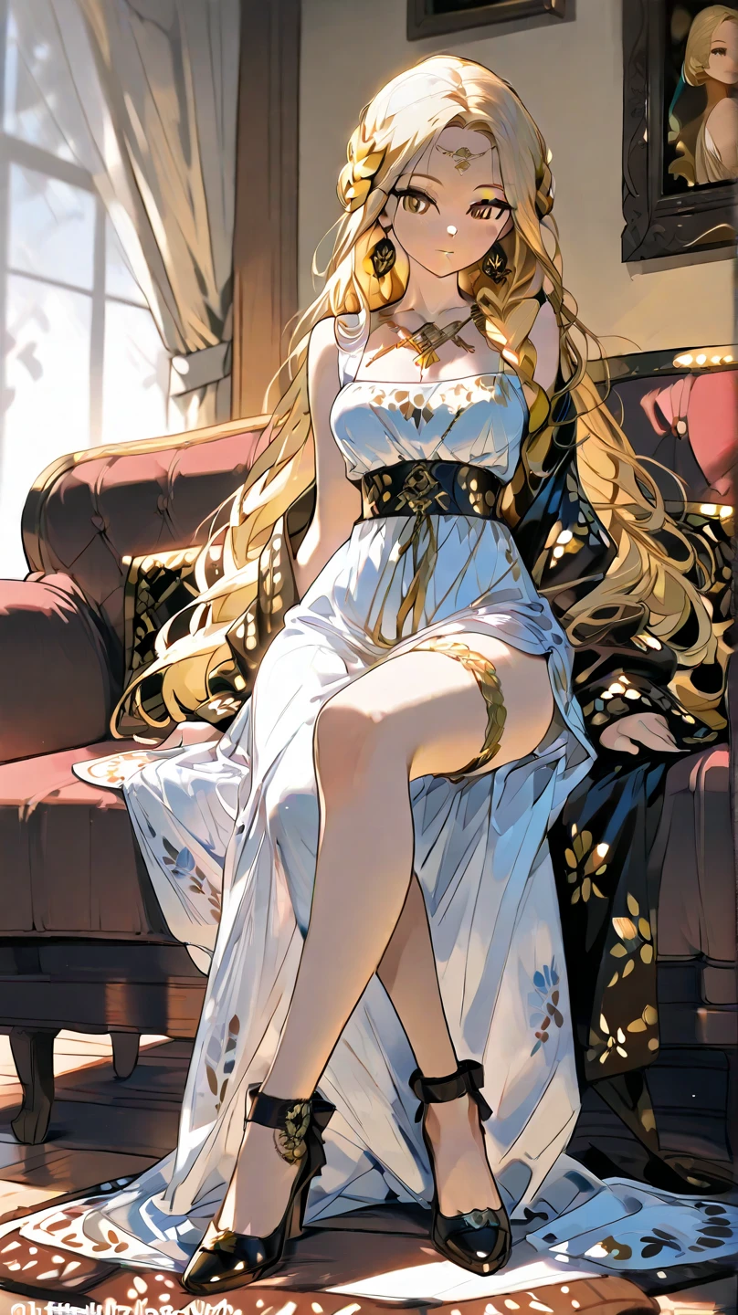 ((Highest quality)), ((masterpiece)), (detailed), (Perfect Face)、Mother and daughter、The woman was a tiare with green eyes and medium-long blonde hair, and was wearing a luxurious, shiny, gold-colored, long-slit see-through dress with gorgeous embroidery and trim, which allowed her skin to show through, a gold-colored see-through cape, and a gold-colored see-through veil. She was wearing a gorgeous jeweled hair accessory, a jeweled head dress chain, a jeweled waist chain, a gorgeous necklace, bracelets, ankle bracelets, jeweled earrings, and shiny gold boots. She was also wearing an engagement ring.、The woman is sitting on a luxurious sofa in a luxurious room with her 16-year-old daughter and a man, enjoying a family gathering.、The man is a dignified, bearded, elderly man of great wealth, wearing luxurious clothing with gold embroidery and trim.、The , who resembles the woman, is wearing the same clothes as the woman and hugging her mother.
