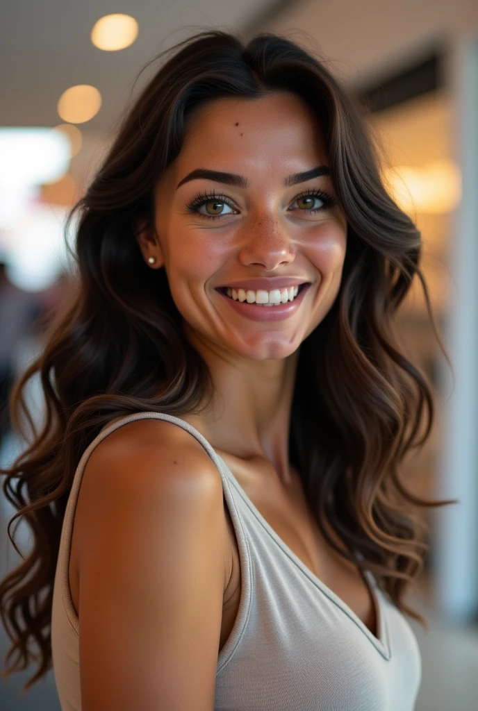 There is a young, Beautiful indian woman, who looks to the future like Katrina Kaif. Smiles into the camera, beautiful teeth. She stands there and looks into the camera, a portrait from raw photo, (sitting in a luxus car),