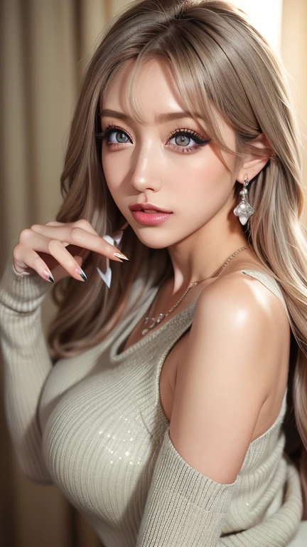 A beautiful girl, with brown-white hair, with curly tips, with two bows on each side of her hair, all her hair brown-white, with a star clip in her brown-white hair, light-colored eyes, beautiful eyes, teary eyes, a beautiful and perky nose, a teary nose, pretty lips, pink lips, heart-shaped and cupid's bow lips, beautiful pale skin, white skin, with freckles and moles all over her face, soft pink blush on her cheeks, natural pink blush, soft and pink makeup, a cruel gothic girl, a beautiful neck, a marked neck, furrowing her brow, a tender gaze, wearing a kiss necklace, a beautiful kiss necklace, resembling Yumeko Jabami, wearing a shirt, a Crochet YK2, with a YK2-style brown miniskirt, while wearing a jacket with teddy bear prints, with a bare, slim, and beautiful abdomen, (large breasts, soft breasts, beautiful breasts), while cosplaying as the character Yumeko Jabami from the anime Kakegurui, looking at the camera, taking a nice selfie.
