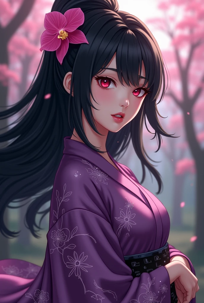 woman in Demon Slayer: Kimetsu no yaiba, with red and black kimono with floral patterns, tight short skirt. belt (heart) fine with silver pendants. bright red katana with crystal. She has a curvy figure with robust thighs, a prominent back and a generous bust and, a narrow waist. hair;long, black and wavy and is ornamented; clear skin; bright purple eyes with pink highlights and long eyelashes; Her lips are bright orange, plump. tall black.