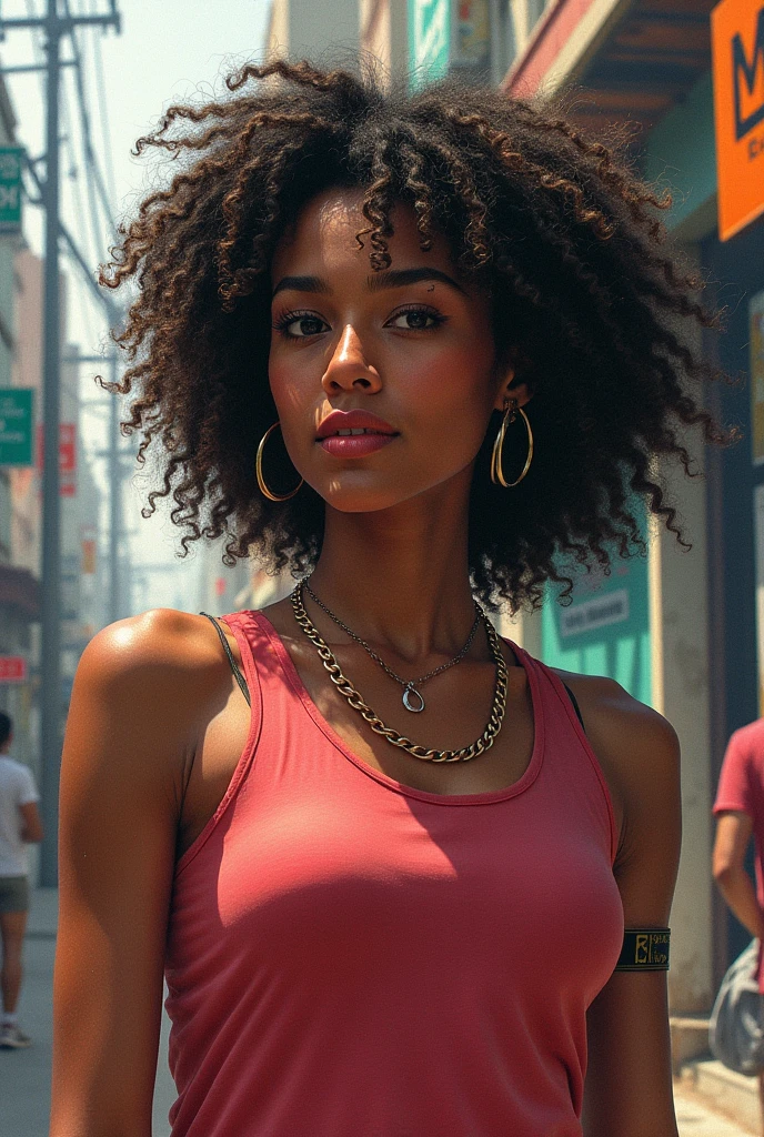 Black female. A red girl, wearing a blank oversized heavy cotton pink and yellow lingerie, gen-z style, small crew neck, colorful background, ultra hd, realistic, vivid colors, highly detailed, UHD drawing, pen and ink, perfect composition, beautiful detailed intricate insanely detailed octane render trending on artstation, 8k artistic photography, photorealistic concept art, soft natural volumetric cinematic perfect light