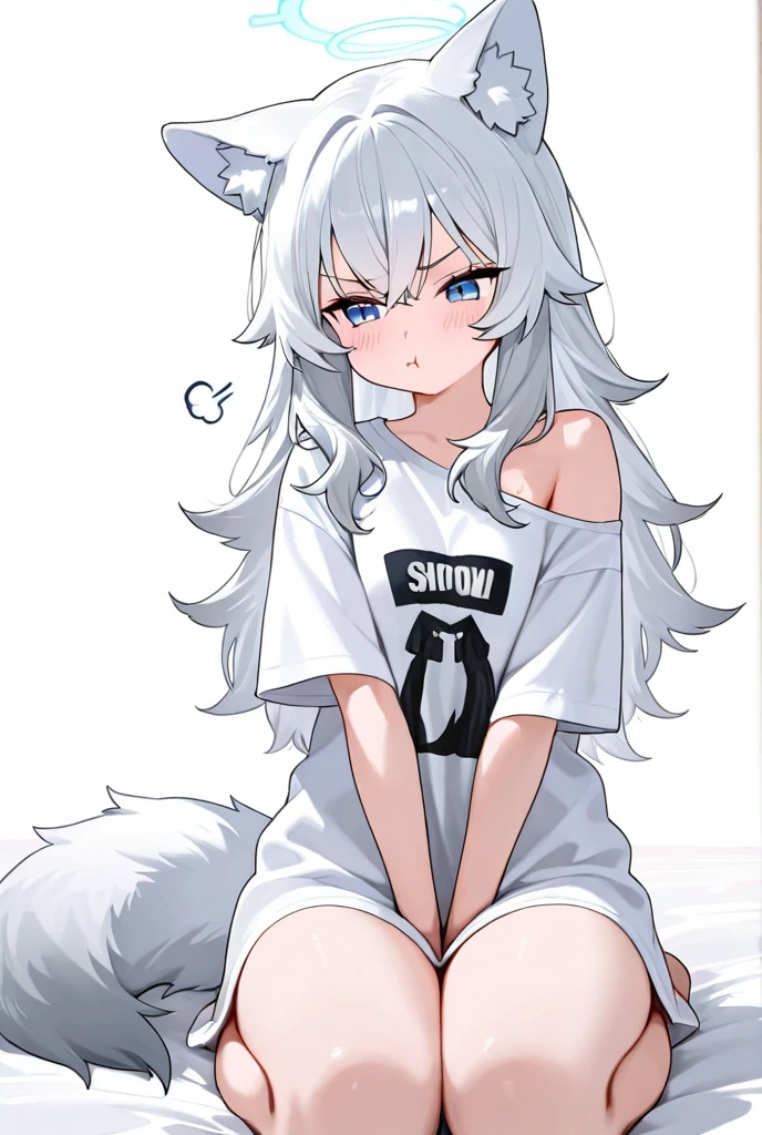 Cat ear，girl，yellow eyes，solo，white hair，White top，long hair，straight hair，Looking directly into the camera，cartoon，Plain white T-shirt，standing posture，faint smile，simple background，Simple decoration，gentle，peace，oversized ，Sunlight，eye level