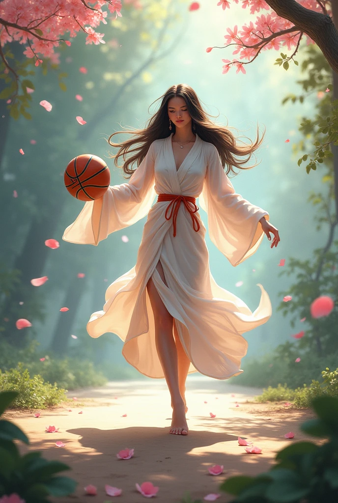 Beautiful painting of a  woan standing in a beautiful  basketball court,holding a basketball, strong smiling expression,pink & yellow shimmering short kurti , pink basketball court, light shining down on her, very very long hair tied with  ribbon, messy paint strokes, powerful, ink splatter, pink basketball court background, bright colors,, yellow, black, gold paint strokes, beautiful art, insanely detailed, fantasy concept art