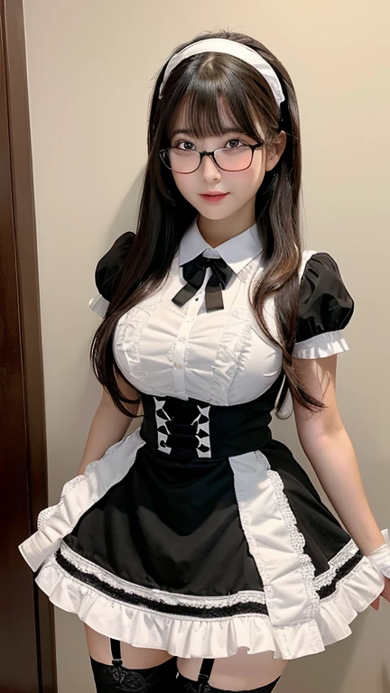 (Best Quality,High resolution:1.2), Ultra-detailed, Realistic portrait, (cloth maid outfit), long black pigtails, (large round black rimmed glasses), (latex stockings), cute face, full body, tight body, tiny waist