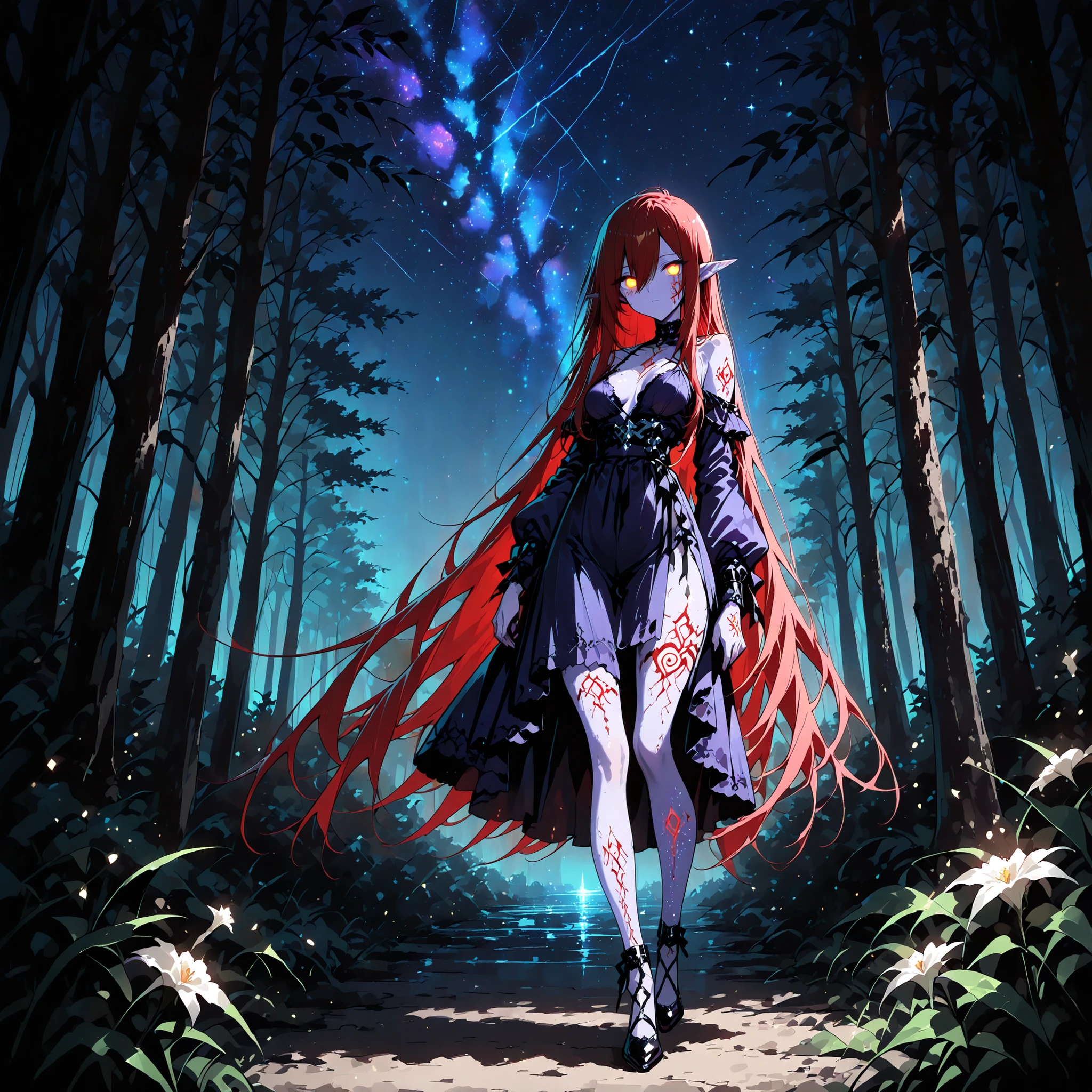 1 woman , blue, very long hair , long sidelocks, red hair, petite , very cute , beautiful ,Straight hair, cool, handsome, hair between eyes, sexy, medium breast, , nightborne, purple skin, long pointy ears, glowing eyes, no pupils, facial markings, tattoos, glowing tattoos, long dark purple dress bound with silver, dark purple shoes with silver lining, best effect, forest, night, stars in the sky, (perfect body), (nice hands), (perfect hands), perfect face, perfect eyes, skin indentations, shiny skin, (green tone:1.1), (deep brown tone:0.9), (green atmosphere:1.1), (intricate:1.2), illustration, (anime coloring:1.1), high contrast, (masterpiece:1.2), (best quality:1.2), (very aesthetic:1.2), (absurdres:1.2), (detailed background), newest, (beautiful detailed eyes:1.2), beautiful, amazing, detailed eyes, ai-generated, (intricate details:1.2),