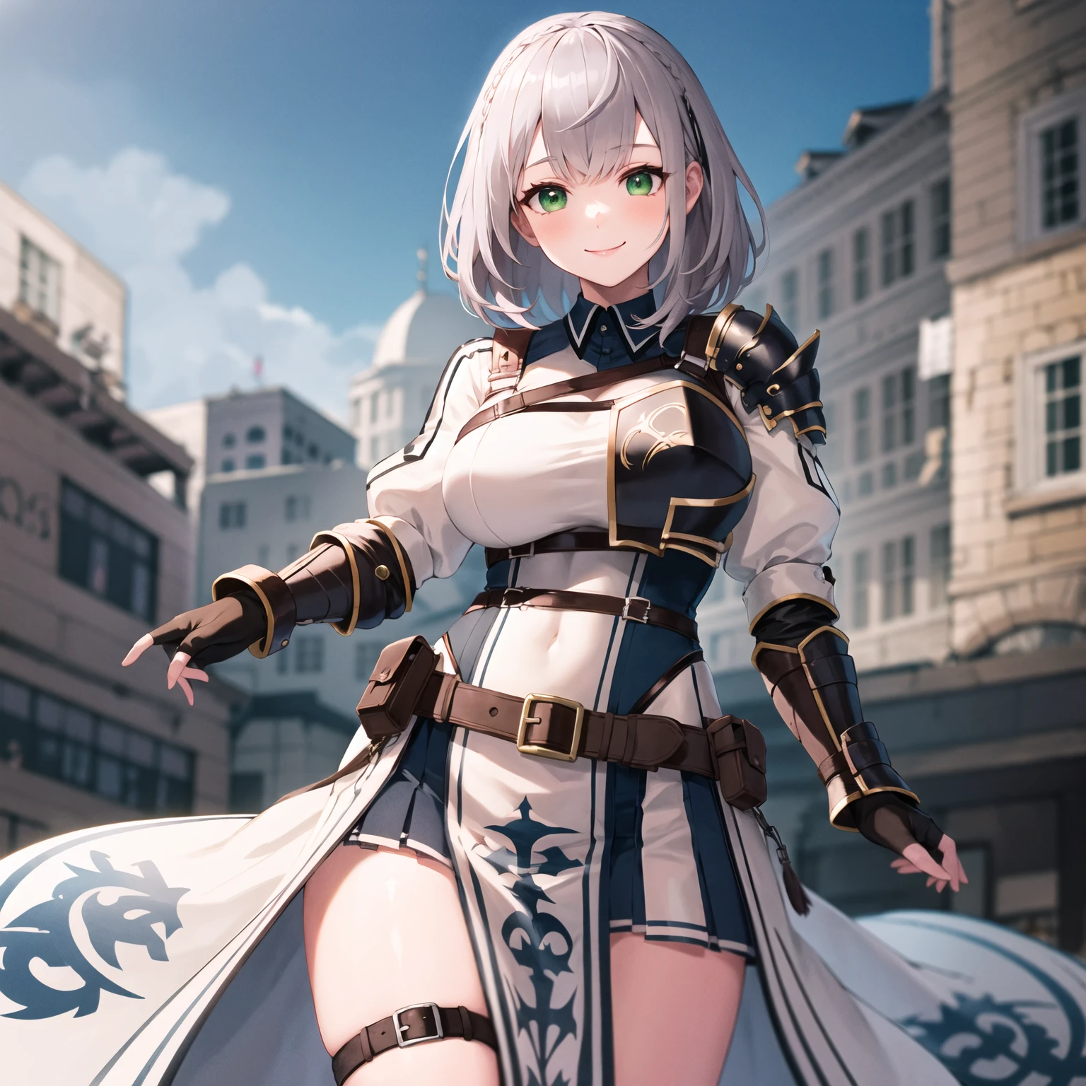 ShiroganeNoel , medium hair, braid, tiara, armored dress, single pauldron, chest guard, chest strap, cleavage cutout, puffy sleeves, pelvic curtain, waist cape, leather belt, belt pouch, vambraces, fingerless gloves, black thighhighs, greaves