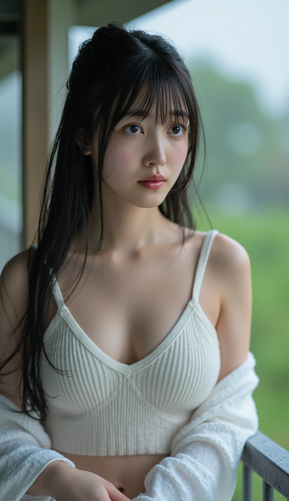 master piece , best quality , japanese , cute face , (symmetrical clear eyes:1.3) , shining eyes , Melancholic , Oversized Breasts , メタリックのドレス