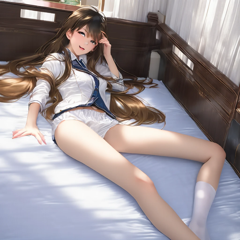 Real person, best quality, masterpiece, super high resolution, realistic, realistic, loli, lying in bed, band-aid on private parts, open legs, white stockings, straight belly, school outfit, twelve