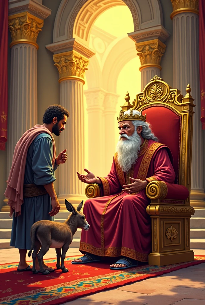 Create a realistic image that depicts King Solomon, with a wise and welcoming expression, sitting on a majestic throne in an ancient palace setting. He is advising a young man, that demonstrates curiosity and respect. The young man must be wearing simple clothes, while Solomon wears ornate royal robes. Ao fundo, elements that refer to wealth and wisdom can be seen, like parchment, old books and gold objects. A soft light illuminates the dinner, highlighting the interaction between Solomon and the young man, symbolizing the passage of knowledge and wisdom.