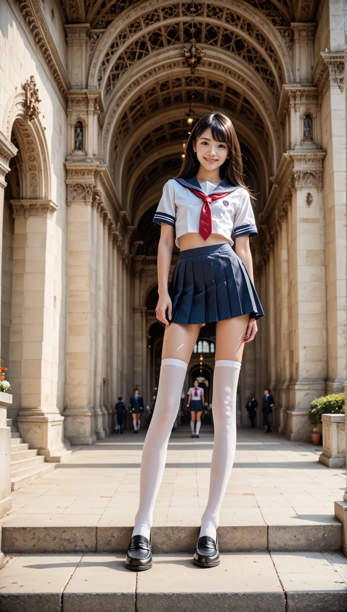 (Young Face), (depth of field), (masterpiece, best quality), highly detailed, blush, grin, happy, light smile, Ultra-realistic, photorealistic, dramatic scene, shadow, global lighting, solo, (photorealistic), (ultra realistic ), ( ultrahigh definition ), leggy, ( flat chest), ((long legs:1.8)), ( skinny Legs), thin thighs, slender hips, slim waist, eyeliner,  with a perfect figure, cute face , beautiful expression, ( lively face),  beautiful hairstyle, realistic eyes,  beautiful details, (realistic skin), beautiful skin, 2 girls are same height, tall 175 cm, 8 heads, model style body. attractive, ultra hi-def , (Increase saturation),(8k、RAW photo, highest quality, anatomically correct,), realistic, length of inseam is half her height, gaunt, lanky, ( slim figure), (POV shot), (from front), (from below:1.4), (foot focus), ( Look Down, watching at Viewer:1.2), ( full body shot ), (Panty shot), ( Japanese famous idol girl), very pretty delicate Japanese girl, very beautiful and very cute but boyish cool face,   (wearing a Japanese traditional high school girl's uniform, sailor suits, white, shits, silk, paper thin, see through, sailor colloar, grey, collar, tie, dark red, tie, crop top, short sleeve, mini skirts, pleated, gray, tweed, panty, lace, white, panty, thigh high socks, white, socks, penny loafer, dark brown, loafer,  a girl is standing with a Rolleiflex TLR camera hanging around her neck, amazing view of , Saint Basil's Cathedral on the Red Square in Moscow over a vast stone pavement