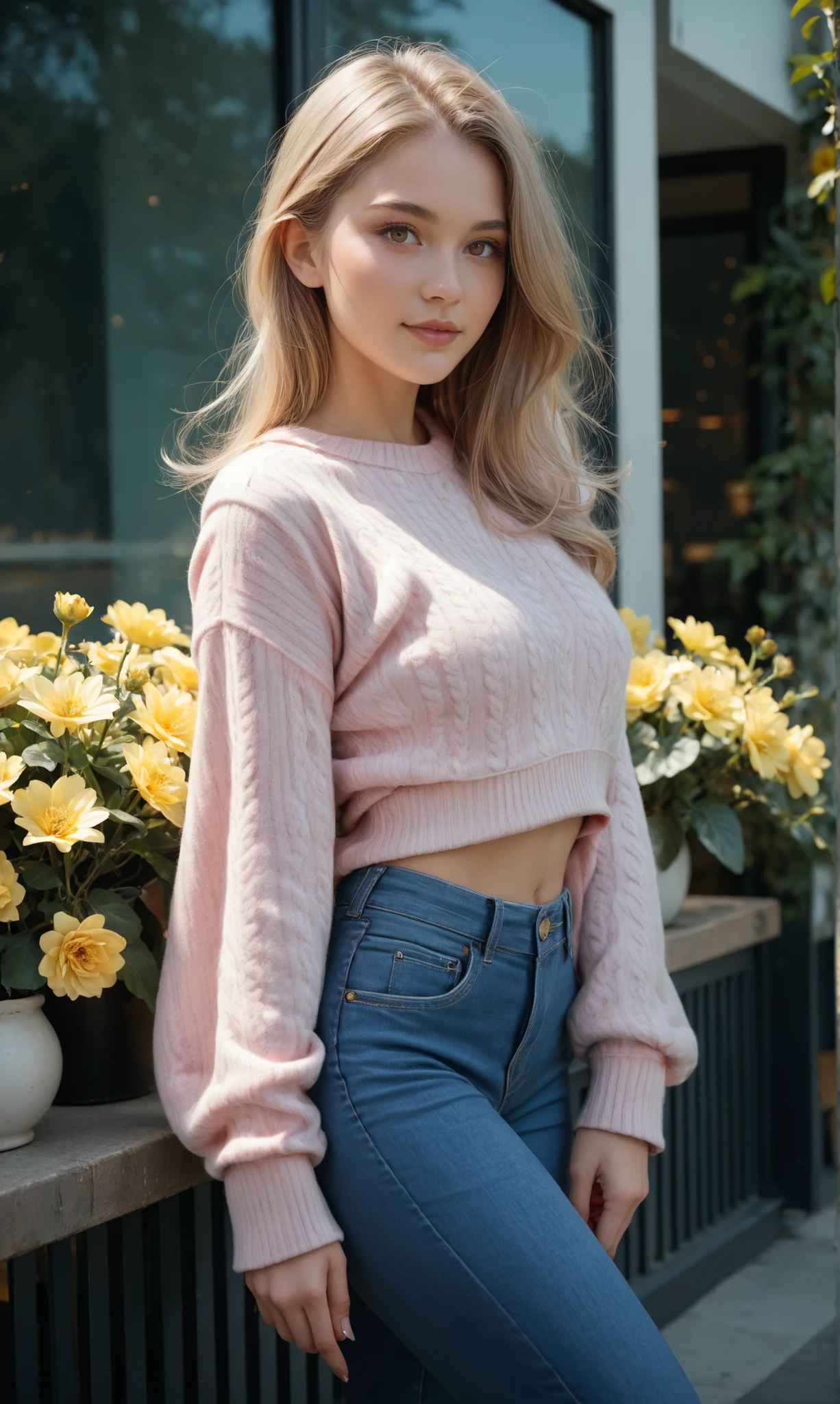 Futuristic girl, light brown hair, elongated light brown eyes, white skin, wears a beautiful pink sweater and blue jeans, she is looking at the viewer, she is holding a yellow flower, extremely detailed realistic style image 4k