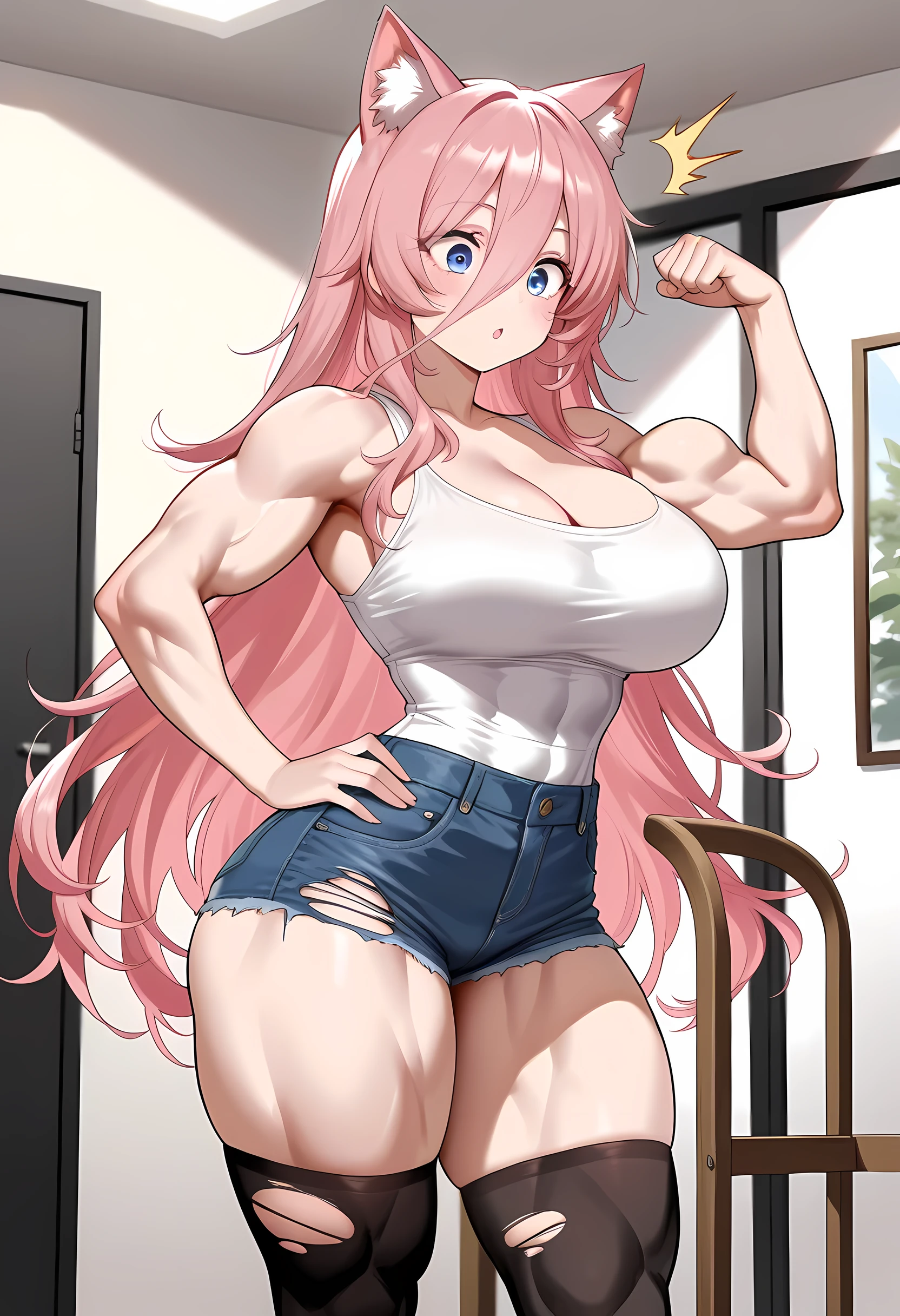1 girl, medium breasts, wearing a short bikini, (long pink hair), (((blue eyes))), thin arms, (in the motel room), (thin waist), (((muscular legs))), belly muscular woman, wearing red high heel shoes, (((standing))), (twintais), Long Eyes, happy, eye reflection, anime, anime style, ray tracing, reflection, drop shadow, panorama, Sony FE, 8k, UDisk, Masterpiece, Accurate, Anatomically Correct, Super Detail, Best Quality, Ultra-High Resolution, Hard Disk, 16k