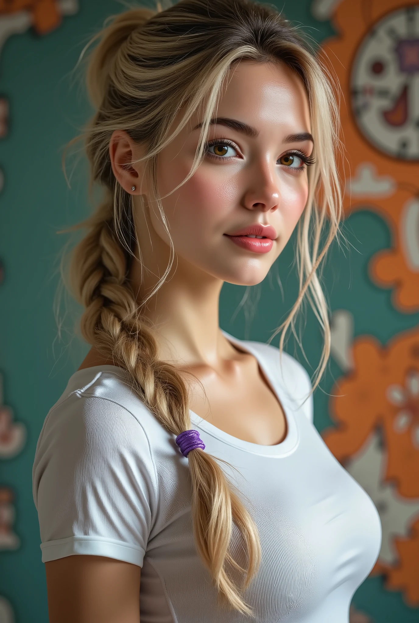  [Style: - "8k, masterpiece, realistic, photorealistic realism, hyper high resolution" - "highest quality, intricate, ultra-detailed digital art, (ultra_detailed, UHD:1.2)"] (Key Directive: - "The priority is the anatomical accuracy and texture of the materials" - "Ultra-sharp human eyes with biological accuracy") {Character: "(full body shot:1.3), [beautiful girl , perfect female skinny body], full bodyesbian, (Beautiful long legs in good style:1. 25) aaverage butt: "((firm, protruding buttocks))", (perfect hot model body:1 . 4) , (slim belly: 1 . 2) , (muscular body) , ((firm and full breasts:1.45))]" | Face: "full lips, pink lipstick, intense gaze" | Eyes: - "((sharp focus, no blurry eyes, Hyper absurd quality, Hyper details, Hyper realistic brown eyes:1.3))" - "((extra narrow eyebrows))" - "(Carefully draw Long blue_mascara)" - "(perfect round eyes)" full bodyesbian, High Contrast , Costume\(short,T-shirt,white,cut-off,printed graffiti), BRAKE ,(tight denim short,red, short. Torn), BRAKE ,(knee socks,white,with pink stripes), BRAKE ,((high-heeled(lace-up),pink,boots), ((Long Messy ((purple Pony)) with Braid , {"((turning back , back shot:1.4))"} ,  ((green and orange background)), (Rendering engine: "Unreal Engine 5 path tracing, 16K texture maps") | The ultra-Highres,Unreal 5,Subsurface scattering,PBR Texturing,Post-Processing,Anisotropic Filtering,depth of fields,Maximum Sharpness and Sharpness,multi-layered texture,Albedo and Specular maps,Surface Shading,Precise simulation of light-material interactions,perfectly proportions,Octane rendering,Two-tone illumination, Wide Aperture, low ISO, white balance, The rule of thirds