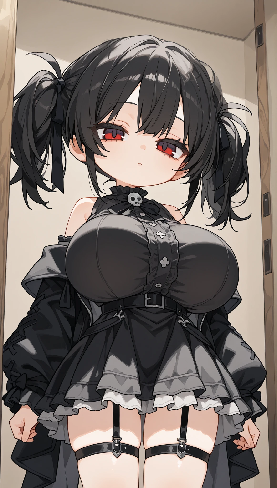 masterpiece, ultra detailed, chibi girl, black hairstyle, big eyes, big head, solo, large , Gothic ta, ゴスロリ, short twin tails tied near the ears, half-lidded eyes, deadpan stare, garter rings