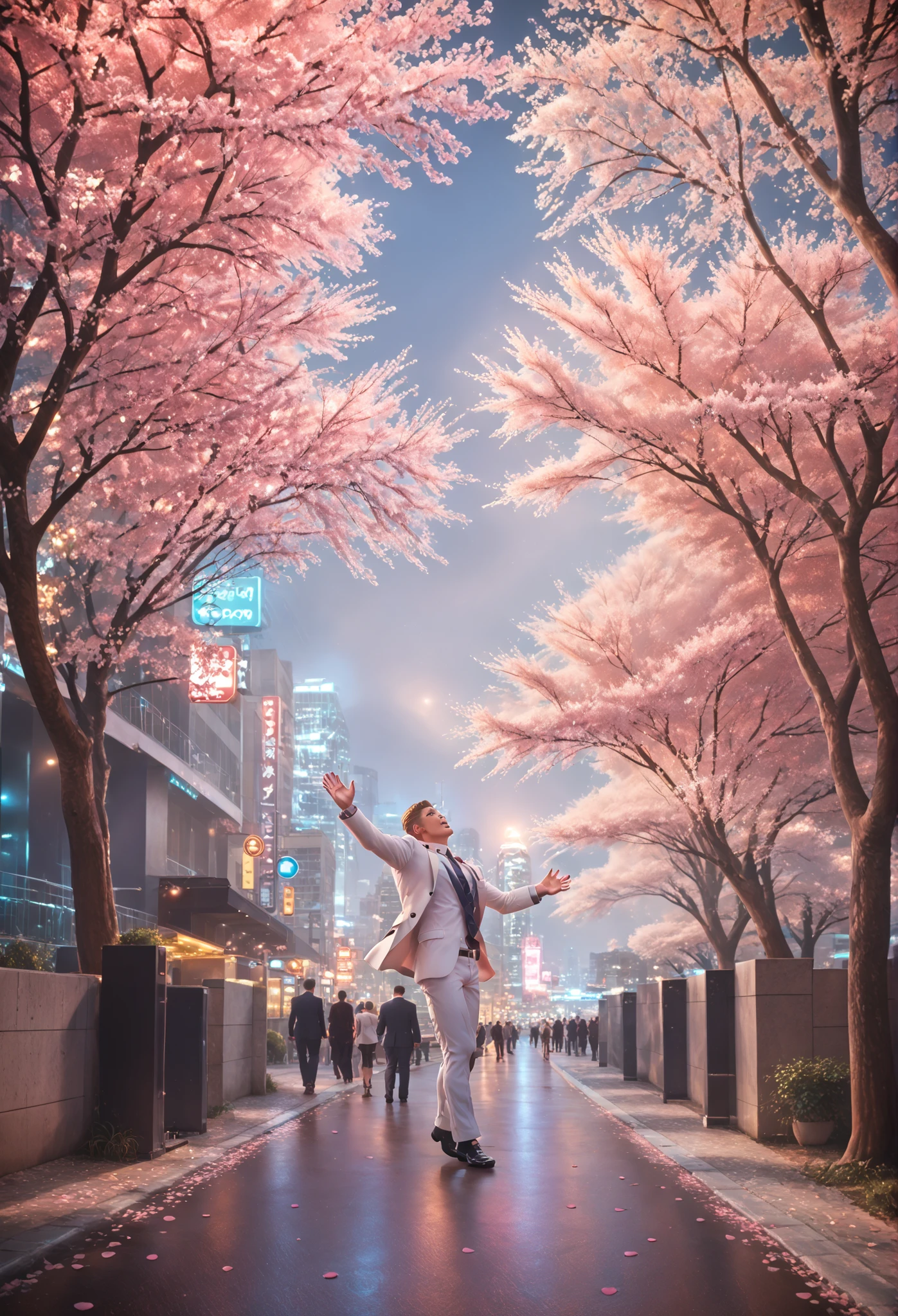 American-style office streets,A man's attractive body,cherry tree,cherry blossom petals dance,Sakura Fubuki,petals turn into musical notes、Bringing music to the city,I like making music,The five-line score and score are visualized、a strong man in a white suit is singing while dancing in the center。there is a light pink neon effect、music is playing through the city,Cherry Blossom Petals Dance in the Wind,A strong man in a white suit dancing and singing in the center