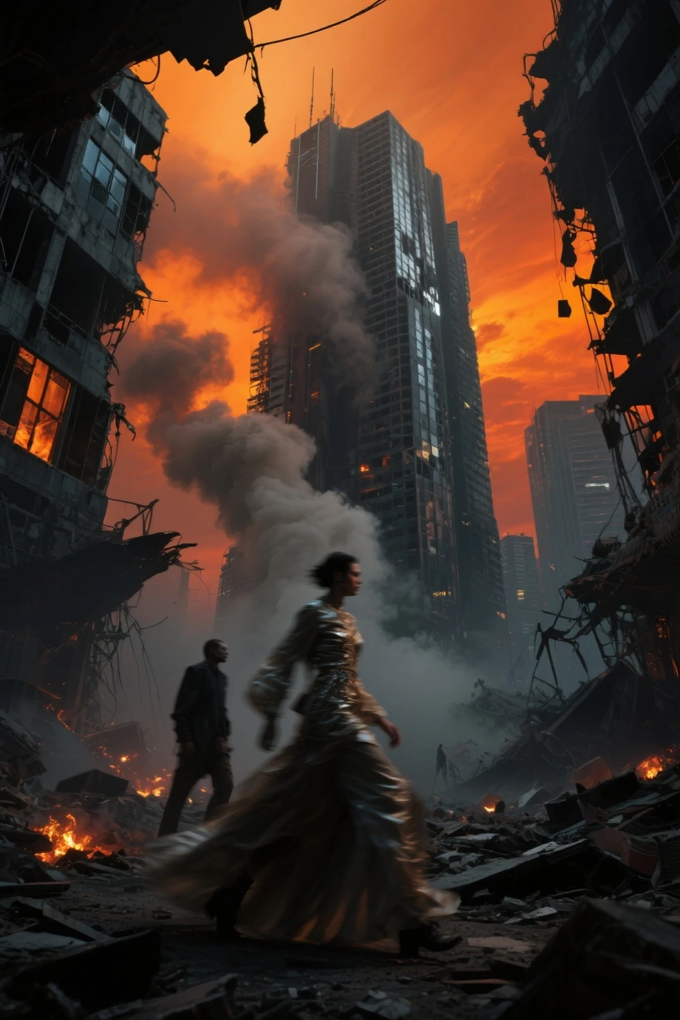 (of the highest quality, ultra high definition, 16k, masterpiece) A powerful girl, Pooja Hegde, walks confidently in front of his sturdy, Futuristic car in the middle of a chaotic, war-torn metropolis.. The shot is from medium to long view., capturing her determined presence and all the environment that surrounds her. She looks ahead with a fierce gaze., unwavering expression, embodying strength and resolve. She wears a fitted mecha camiseta under a stylish jacket and jeans pants, Her outfit combines practicality with a touch of modern style... The jacket is detailed with armas de fuego, rifles, and utility pockets, Improving your battle-ready appearance. His hair is disheveled and unruly, adding to its dynamic presence. The car behind her is a highly modified., armored vehicle, its exterior marked by countless battles. It is a testament to their resilience and ingenuity.., with various gadgets and weapons mounted on its frame. the car is elegant, complements the overall gritty atmosphere. In the background, the entire skyline of the metropolis is visible, partially obscured by smoke and ash. Skyscrapers rise amidst chaos, Many of them are badly damaged with large holes and crumbling facades.. Explosions light up the scene, casting an eerie glow over the widespread destruction. Spaceships float ominously in the sky, involved in fierce air battles, Their elegant designs contrast with the devastation that lies beneath.. The ground is littered with debris and remains of destroyed structures.., increasing the sense of a world torn apart by conflict. Pieces of metal, broken glass, and vehicle remains are scattered across the landscape. The lighting is spectacular., with strong contrasts that highlight the textures of her outfit and the metallic surface of her car. The play of light and shadow emphasizes the intense expression on his face and the chaos of the background...