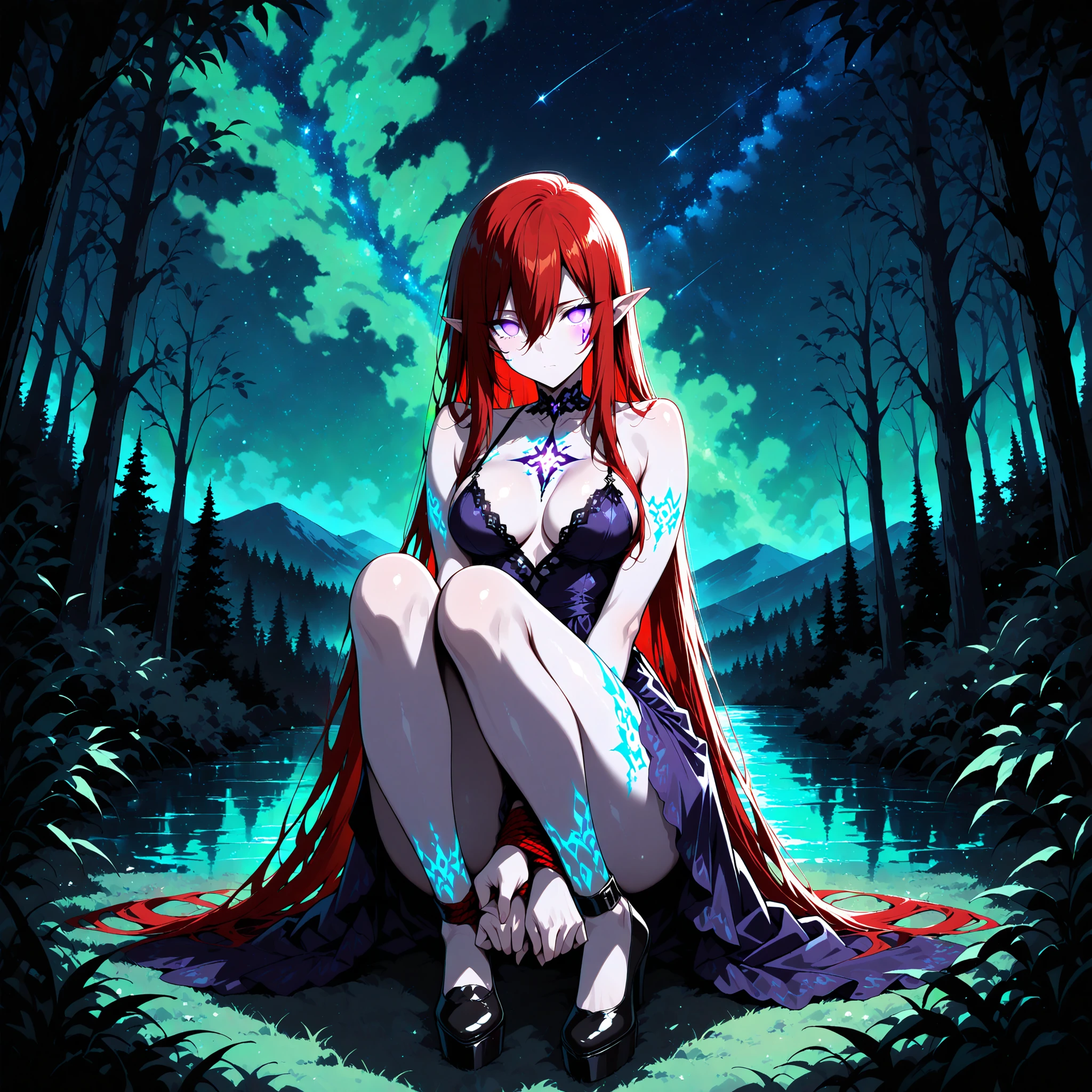 1 woman , blue, very long hair , long sidelocks, red hair, petite , very cute , beautiful ,Straight hair, cool, handsome, hair between eyes, sexy, medium breast, , nightborne, purple skin, long pointy ears, glowing eyes, no pupils, facial markings, tattoos, glowing tattoos, long dark purple dress bound with silver, dark purple shoes with silver lining, best effect, forest, night, stars in the sky, (perfect body), (nice hands), (perfect hands), perfect face, perfect eyes, skin indentations, shiny skin, (green tone:1.1), (deep brown tone:0.9), (green atmosphere:1.1), (intricate:1.2), illustration, (anime coloring:1.1), high contrast, (masterpiece:1.2), (best quality:1.2), (very aesthetic:1.2), (absurdres:1.2), (detailed background), newest, (beautiful detailed eyes:1.2), beautiful, amazing, detailed eyes, ai-generated, (intricate details:1.2),