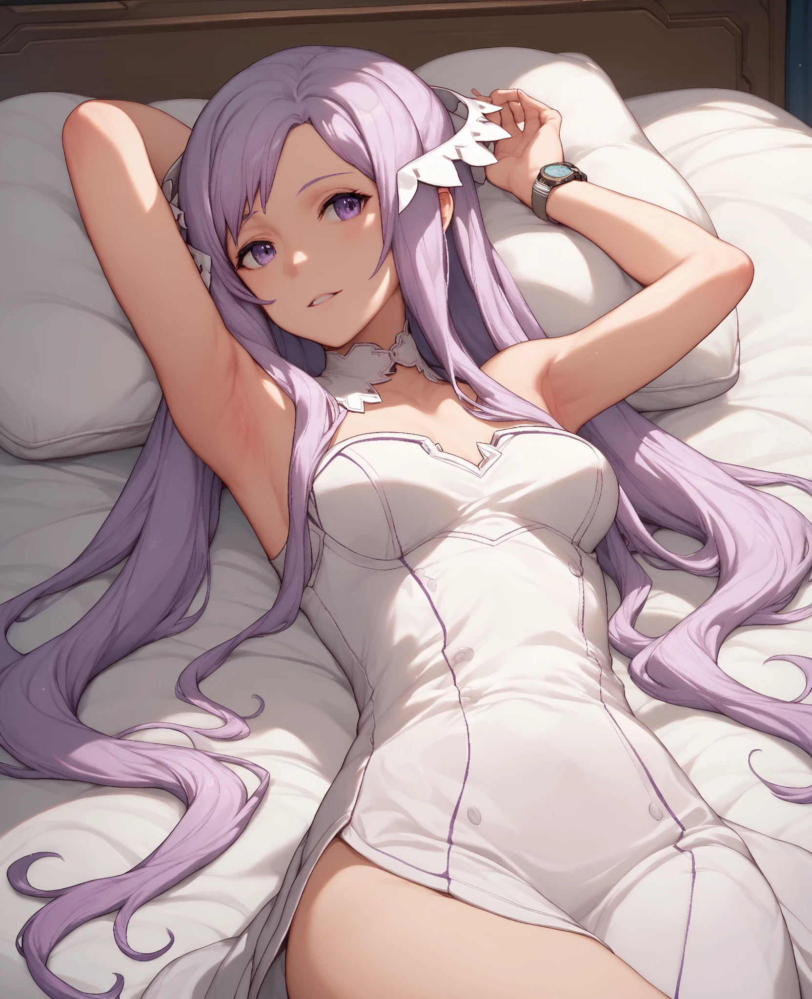 (Highest Quality, masterpiece,Watch Viewers,armpits,),lie on your back on the bed,(((Pixel Perfect)))sword art online,Manager,Quinella,