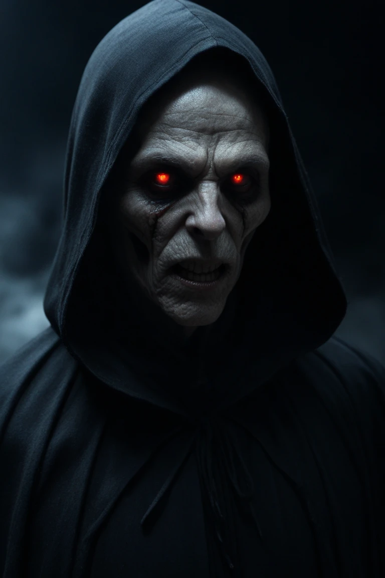 a cruel male ghost with glowing eyes, dark and ominous atmosphere, haunting and unsettling presence, horror, dark fantasy, moody lighting, chiaroscuro, cinematic composition, mysterious and eerie, (best quality,4k,8k,highres,masterpiece:1.2),ultra-detailed,(realistic,photorealistic,photo-realistic:1.37),dramatic shadows, intense contrasts, gritty textures, dark colors, haunting and disturbing