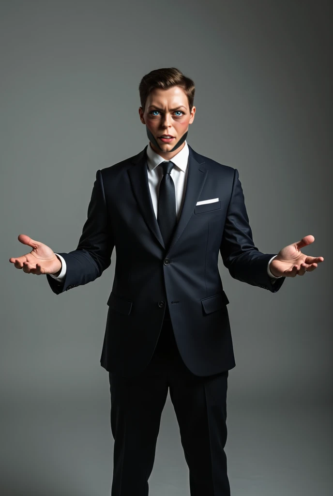 The man in the photo is wearing a formal suit like the one he is wearing in the photo. He stands up straight and extends his arms in such a way as to indicate that his hands are open. 