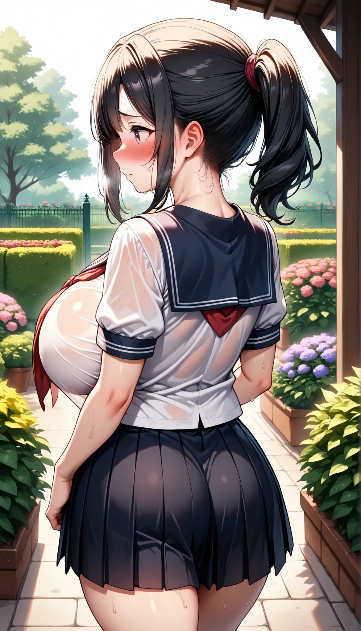 best quality,8k,mature female,(huge breasts),(petite,smaller female:1.3),(plump),small head,(sweat,blush),embarrassed,milf,medium hair,black hair,ponytail,serafuku,blouse,neckerchief,pleated skirt,garden,walking,from behind,back