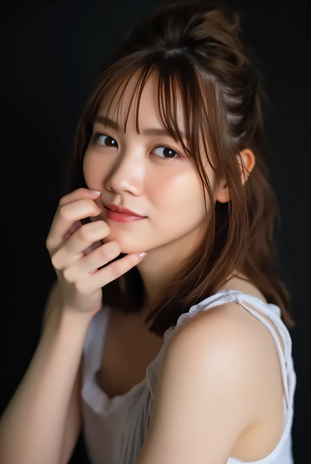 She is smiling, masterpiece, accurate, super detailed, highly detailed, high quality, award winning, top quality, 16k, perfect anatomy, ((front view, upper body)), ultra high resolution hair, brown hair, long hair, detailed face, realistic textured skin, focus on face, (love, kissing waiting face: 1.3), lips parted, (topless, bare shoulders apart: 1.3), black background, ((solo person: 1.5))