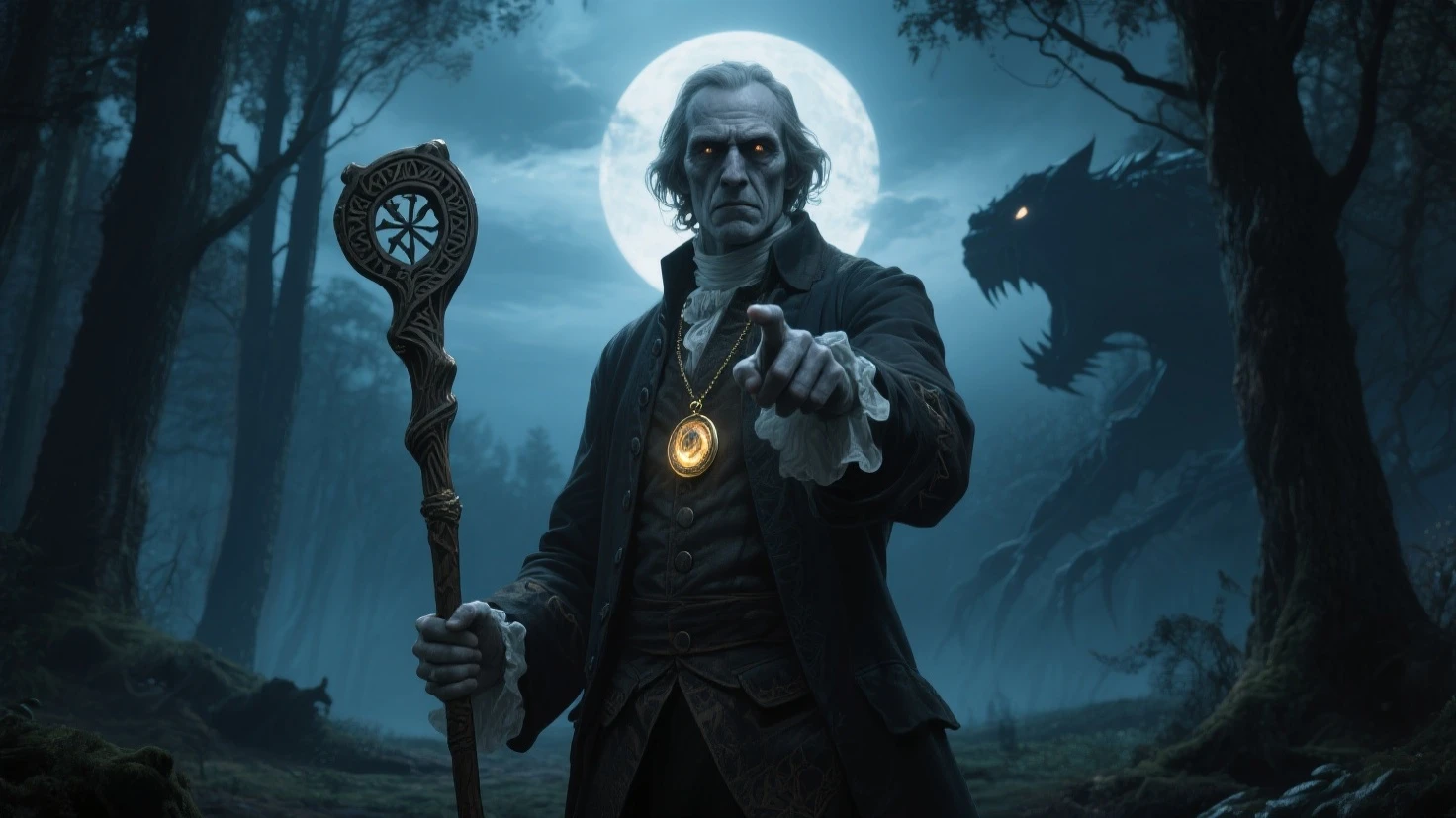 Steampunk night city、Full moon in the sky、Brilliant Light、Horror-themed movie stills,、A skinny old man with a big head、Hands clasped behind back、