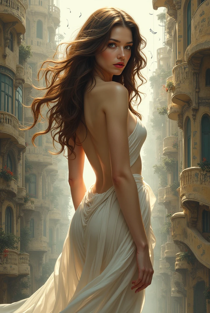 (sharp focus:1.2), photo, attractive young woman, (beautiful face:1.1), detailed eyes, luscious lips, (smokey eye makeup:0.85), (medium breasts:1.0), (athletic body:1.2), (wavy hair:1.2), wearing (maxi dress:1.2) on a (cliffside:1.2). (moody lighting:1.2), depth of field, bokeh, 4K, HDR. by (James C. Christensen:1.2|Jeremy Lipking:1.1).