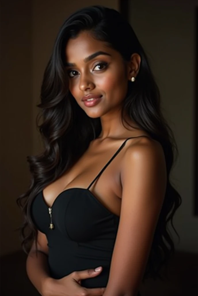 (photorealism:1.2), beautiful woman, Indian, wearing jeans and top, long & wavy hair, lips and butt a bit thicker, breast size Double D, brown skin, sitting on bed in a doggystyle position,eyes like flower petals, giving a seductive look