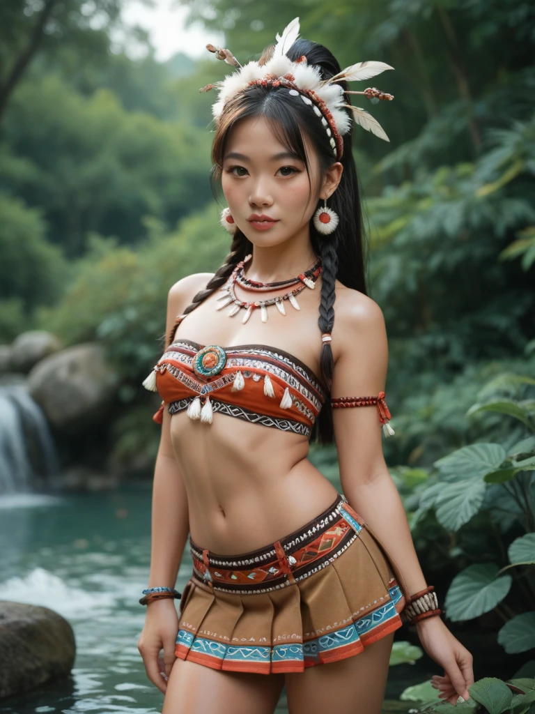 1 borneo tribal girl, wearing tribal head dress and accessories, sitting naked on the rock in the river, tribal tatoo, minimal dress, 1 leg up on rock, leg open wide to show vaginal and breast, hyper realistic, lifelike texture, dramatic lighting, Nikon RAW photo, 8k, Fujifilm XT3,CitrineDreamMix, masterpiece, best quality, realistic, naked, show vaginal, (photorealistic:1.4), ultra detailed, full body visible, (((smile:1.1))
