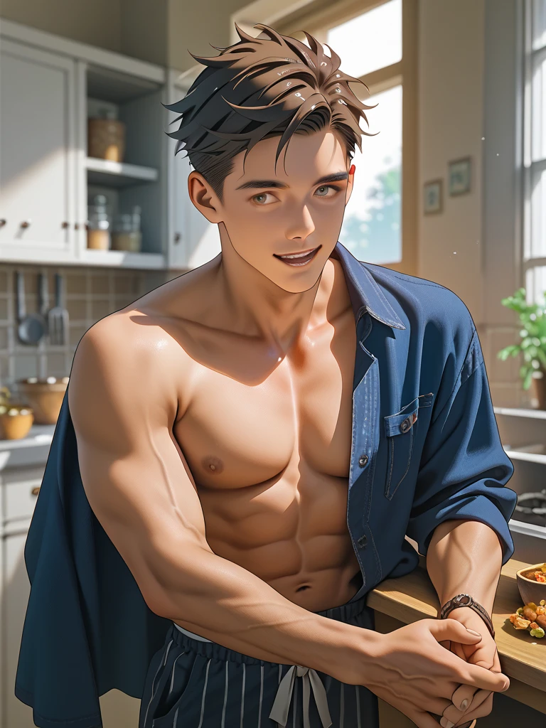 Masterpiece, best quality, (realistic, very detailed), boy, handsome face, short hair, black hair, green eyes, sorging face, drinking coffee, sweatpants and shirtless, seduction, sensual, atmosphere, (realism: 1.5), 8k, novel book cover, most beautiful man in the world, delicate features, young 20-28 years.