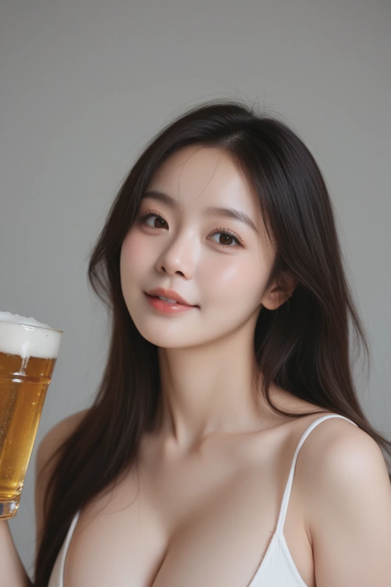 A superb exquisite real beautiful Korean girl, natural straight hair, extremely delicate, straight facial features, peerless beautiful girl, soft, dreamy quality, light white and dark brown, exaggerated facial features, solid color, frank holly, delicate face, bright lips slightly open, slender waist, soft curves, real light and shadow, super fine, 4k, natural moving, realistic, Ultra high resolution, ((at the bar)), (dynamic pose),(nsfw:1.4), (naked:1.4), (many bottle of beer in background:1.4)