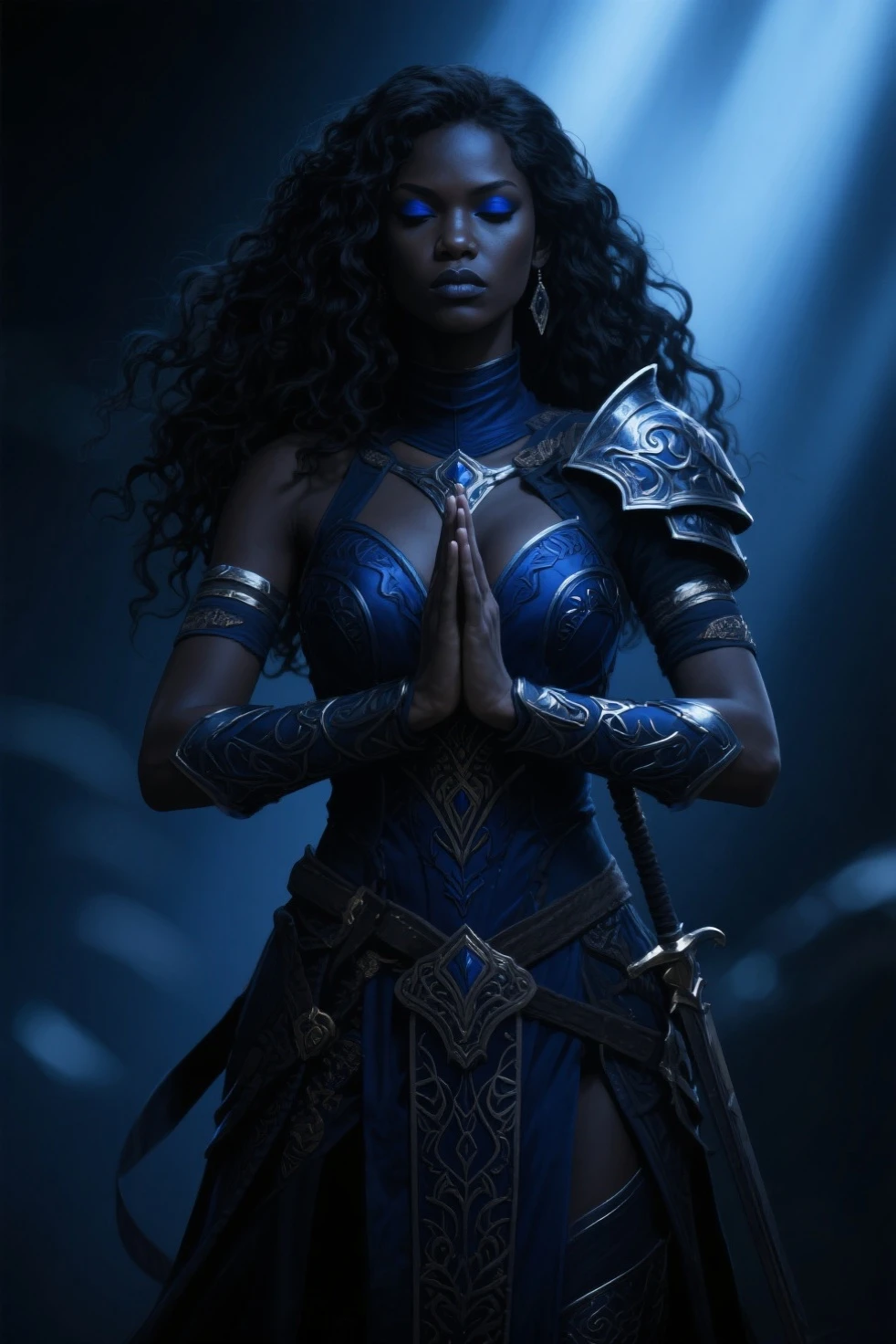 (best quality,4k,8k,highres,masterpiece:1.2),ultra-detailed, 1woman, Akan Goddess Onyame, hallebailey, West African features, Tall, Symmetrical face, smiling, looking at viewer, nighttime, bright blueish moonlight, drawn in the style of Yoshitaka Amano, HDR, 8k, absurdres, cinestill 800, sharp focus, add_detail:2
