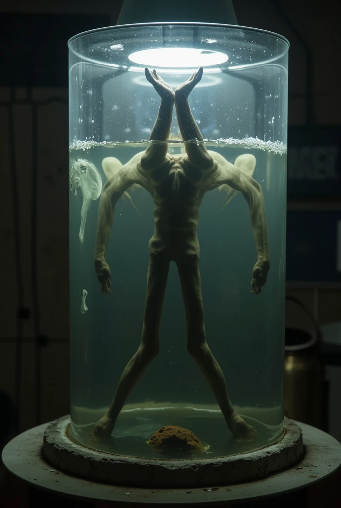 (extremadamente detallado, obra maestra, La mejor calidad), Estilo oscuro, intense illumination, rostro bello, ciborg, torso desnudo, cables enchufados por el cuerpo, lengua larga, tentacle, deforme, monstruoso, interior de una piscina de agua verdosa, imagen submarina, alien con Colmillos finos, pico de pulpo amenazante. manchas de tinta. Rococo composition. Luz de caravaggio