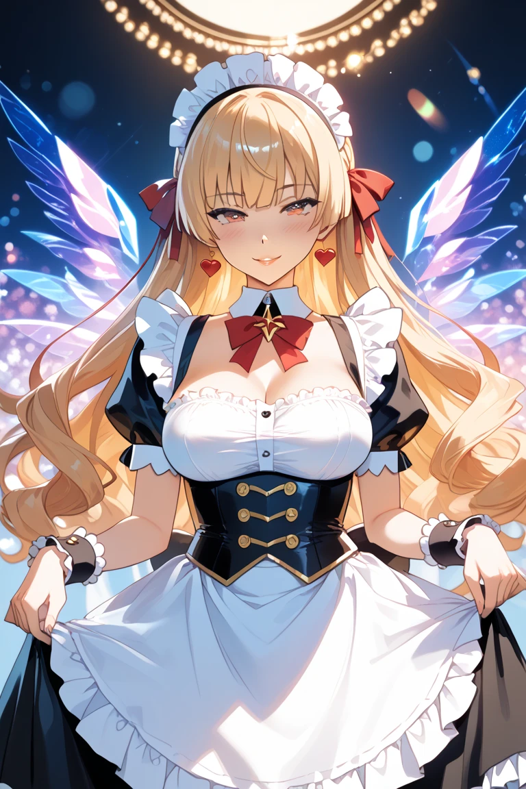 (masterpiece), best quality, expressive eyes, perfect face, Sexy female, (((bimbo))), blonde hair, green eyes, huge breasts, huge butt, full body, seductive, horny, lesbian, (1girl), (white mini jacket), (black mini dress), gold bracelets, black choker, gold hoop earrings, black belt with gold buckle, black high heels, (salon background), plump lips, pink lipstick