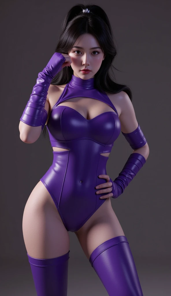long hair,a close up of a woman in a black and purple outfit, irelia, tifa lockhart, cosplay, thicc, tifa lockheart, wearing tight cotton west and highcut bodysuit armor, tight west, highcut bodysuit armor female, beautiful armor, tifa, seductive tifa lockhart portrait, anime girl cosplay, full body image of character, sexy highcut bodysuit, tight boobs, tighted bra, wearing armored shoes, socks for left leg, backside of character, ((best quality)), ((masterpiece)), (detailed), perfect face, skintight cloth, posh girl, show hands, hole of bodysuit chest, soft cloth(detailed), tifa