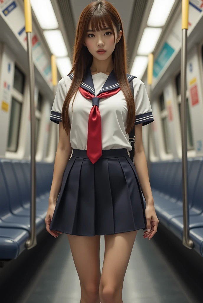 1 girl, cute, black haired bitch, 16 years old, smile, looks pure, sailor suit, photograph, realistic, highest quality, detailed face, whole body, thin, thin脚, long legs, wearing thigh-high socks, wearing shoes, In the train car, carrying a school bag on one's back,