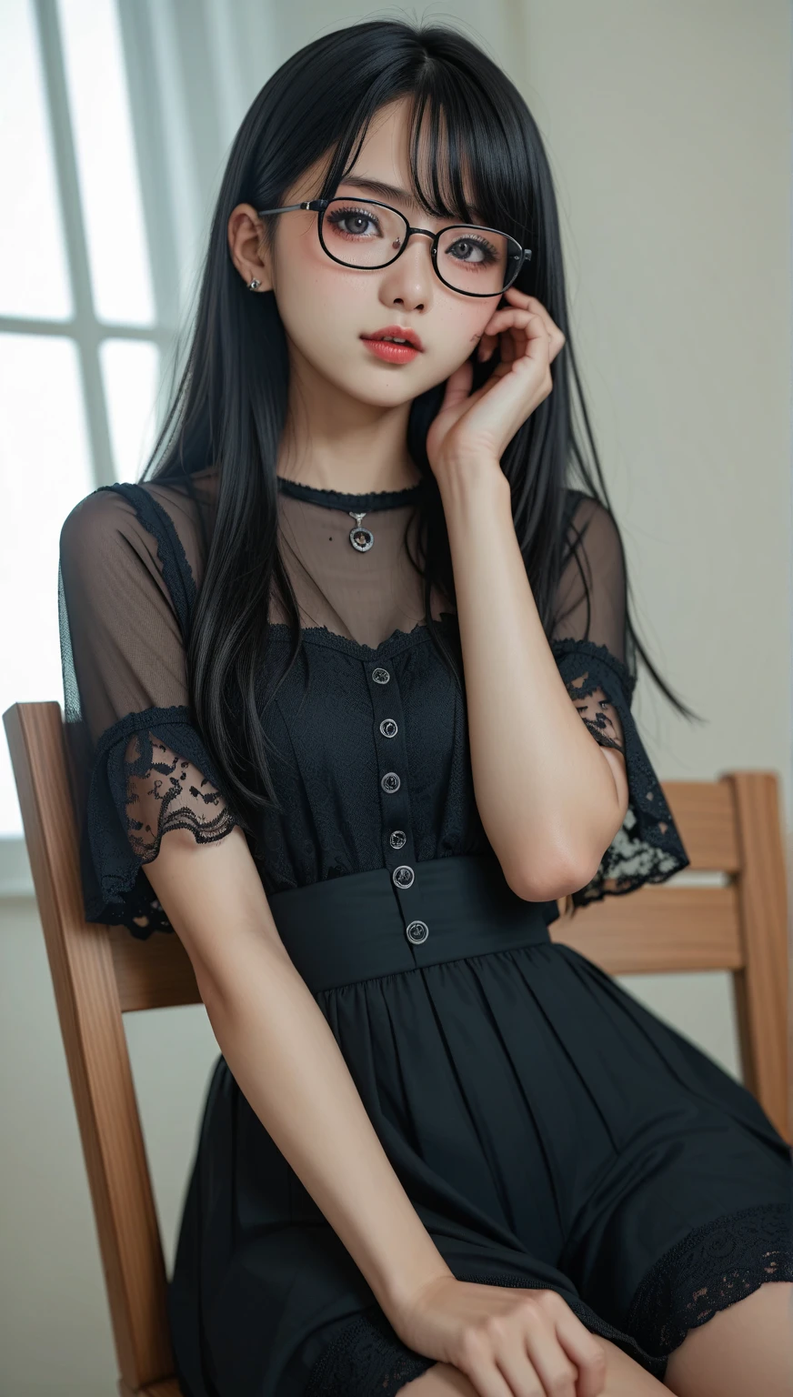 Cowboy Shot、(hairstyle with long bangs)、straggling hair、Black Hair、(Hanging Hair)、((widow))、((mourning dress))、((((Black long sleeve mourning clothes))))、(((Funeral場)))、((((Funeral))))、Black formal wear、Highest quality,(RAW Photos:1.2)、(Realistic:1.4),(High resolution:1.4), 1 Girl, Written boundary depth,, Exquisitely crafted,8K, Very detailed, Perfect lighting, Spectacular Background、((Delicate painting)),(女の子の詳細なRAW Photos),(Highest quality:1.6), (超High resolution:1.5), (Realistic:1.75), 8K resolution, Canon EOS R5, 50mm, Very detailedな,Cinema Lighting,Correct finger、sit、((Spread your legs))、((((Skirt flip))))、Ultra Sexy Panties、Pearl Necklace、Pearl Earrings、(Clothing that covers the chest)、((There is a coffin))、((Minimally revealing clothing))、(The altar is decorated with a bouquet of chrysanthemums..)、candlestick、