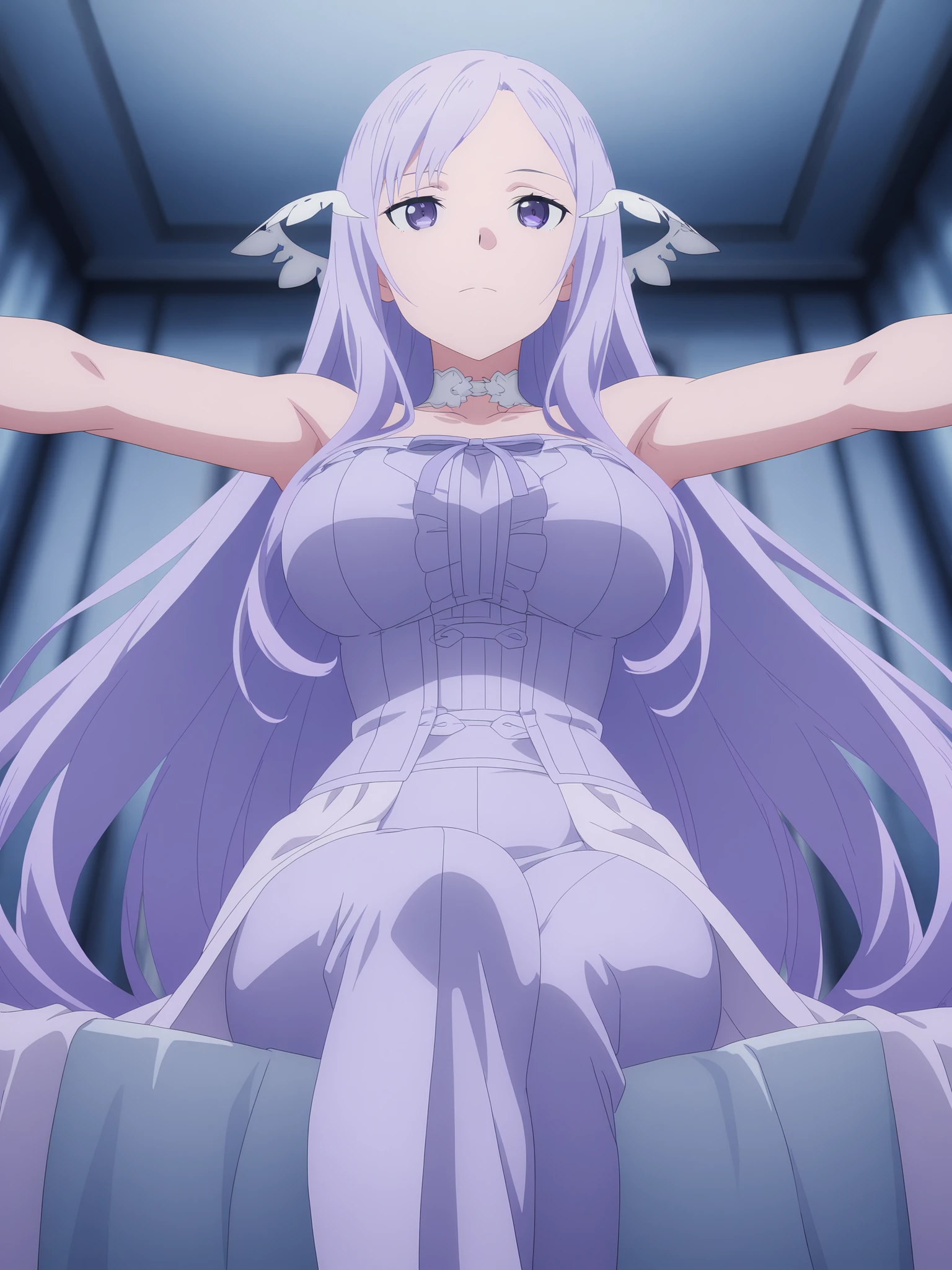 armpits,bed with holes,Quinella, bare shoulder, Anime Coloring, 1 girl, long hair, purple hair, PURPLE EYES, big breasts, White halo, Hair sensors , is sitting, simple background, masterpiece, Highest Quality, Great Quality, high resolution, newest, Stunning Artwork , anime screenshot, Anime Coloring, solo, pants, Thighs, thin waist, Confident,  low angle, heels, anime screenshot