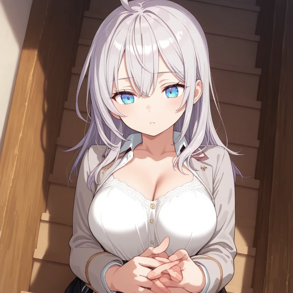 white hair, Medium Length Hair，（ Eye:1.5), (Medium Breast:1.2),
Rest special short skirt, Red skirt, White shirt， Seto Fuku,Low-cut，Open shirt，Close your eyes，Cleavage rests while looking at the audience,
Rest indoors, Class break (masterpiece:1.2), best quality, high resolution, Unity 8k Wallpaper, (illustration:0.8), (Beautiful and delicate Eye:1.6), Extremely detailed face, Perfect lighting, Extremely detailed CG, (Perfect hands, Perfect anatomical structure),