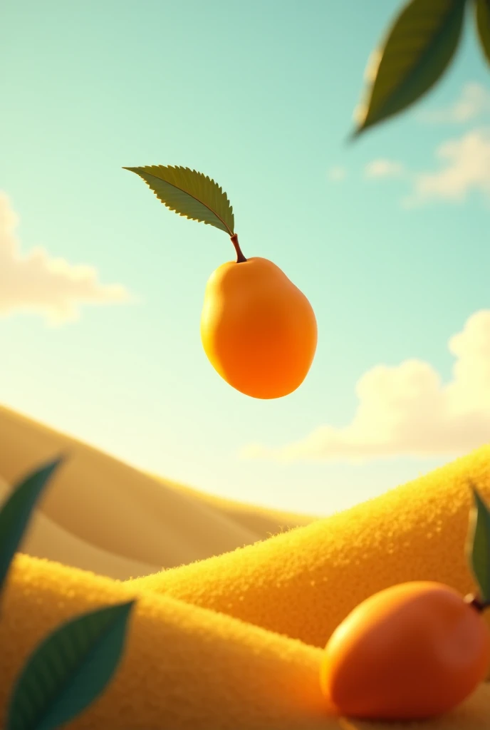 A multiple colour mango stands in an open field the size of a five-story building and the juice is pouring out from the mango and children are scooping it up in bowls