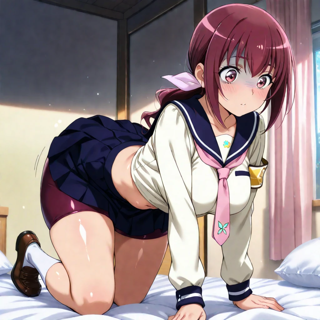 Honoka Kosaka、lovelive 、One Woman、Beautiful woman、Thick thighs、Best image quality、High resolution、masterpiece、super high quality、Spread your legsしゃがむ、Super big ass、Polka dot bra、Polka dot panties、Panties are visible through a very short pleated skirt、Big Ass、Large Breasts 、Blushing、4K quality、Blushing、Proud face、Wearing black knee socks、bed、Spread your legsしゃがむ、Panty shot、Sweaty all over、Heavy breathing、Chest is bobbing up and down、heart、Condescending look、Low - Angle、Zoom in on the crotch、(From below:1.2)、Sit on the living room couch with your knees raised, Spread your legs、(Back pose:1.3) or (Back view:1.2)