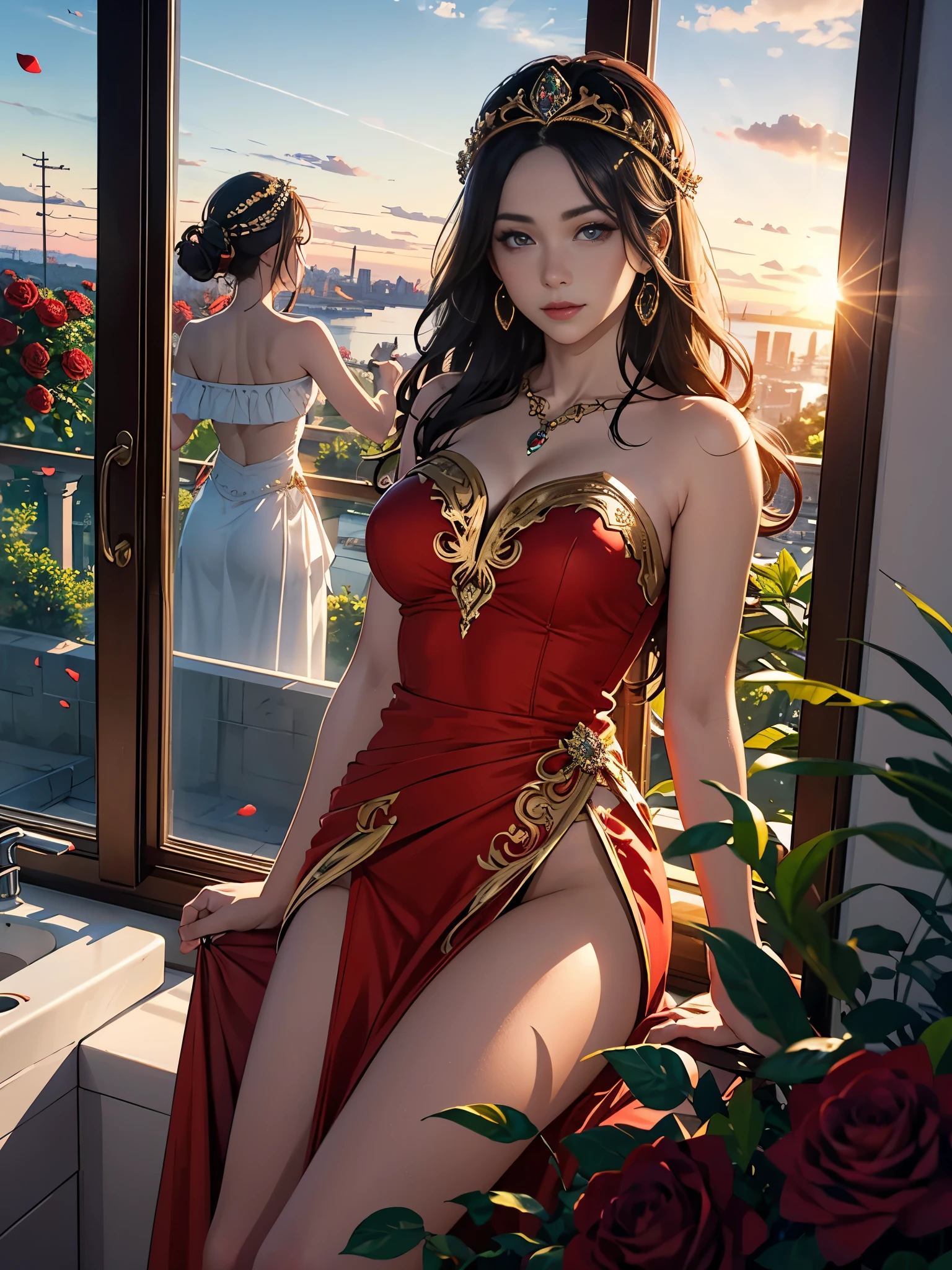 8K high-definition，Sexy goddess，The facial features are extremely beautiful，body shape is slim，long leges，Bigchest，Red long-haired，curlies，eBlue eyes，Perfect gestures，White costume，Lying in the pool，artistic pose，Background with，Rose bushes，The Golden Hall of the Royal Palace，Golden statue，Strange sky，Burning clouds，Close-up after sunset